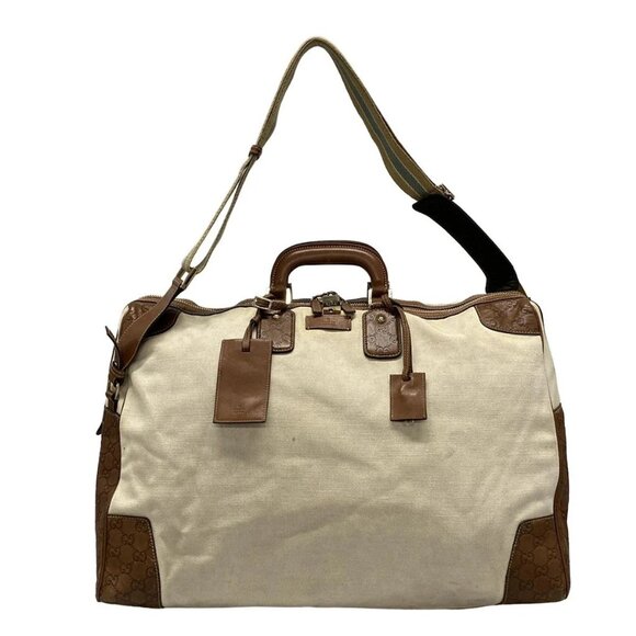 Auth GUCCI Guccissima 161820 Cream Dark Brown Canvas Leather Boston Bag - Picture 1 of 16